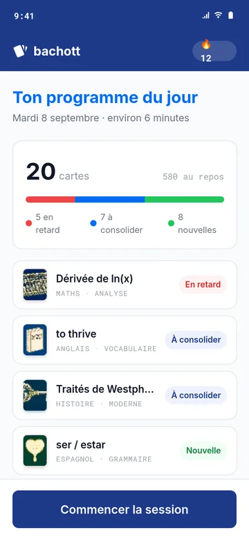 Écran Bachott du programme de révision du jour